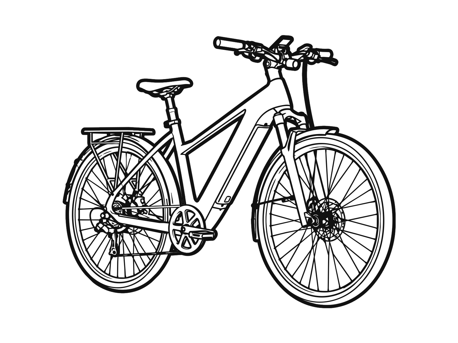 Black line-art illustration of an electric bicycle.