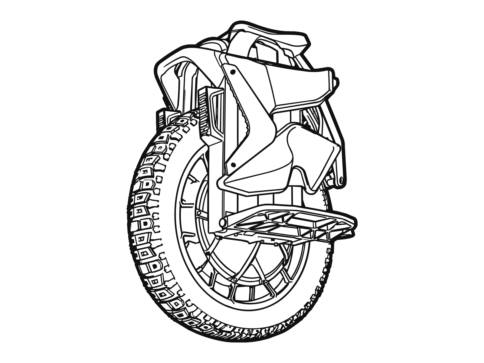 Black line-art illustration of an electric unicycle.